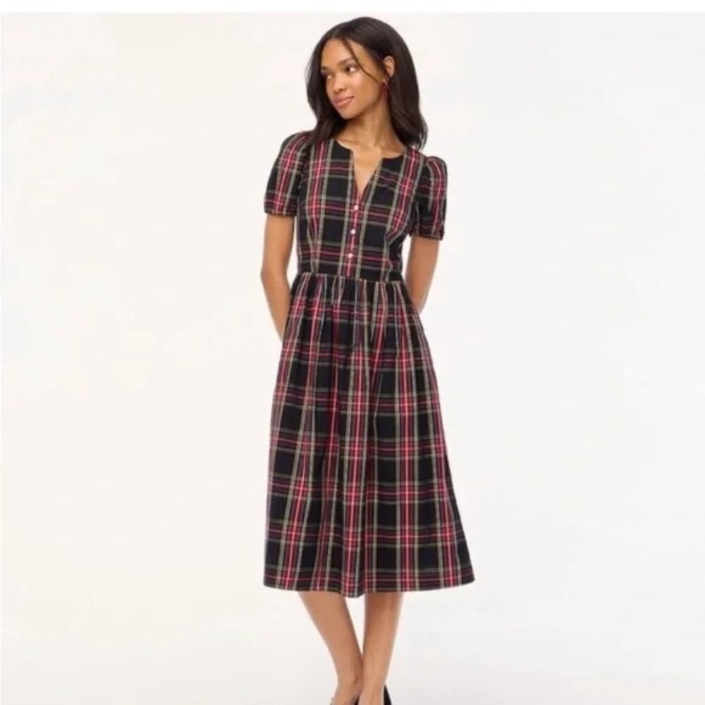 J. Crew Stewart Tartan Puff-Sleeve Midi Dress Black Red Green, Size 12